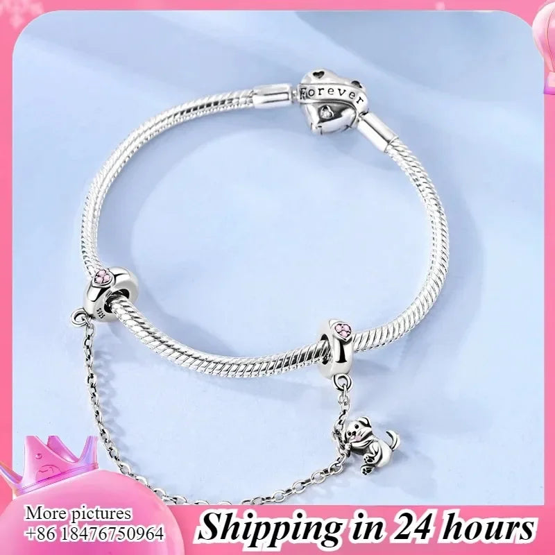 Cadena de Plata de Ley 925 con Bonito Cachorro – Abalorios de Circonio con Incrustaciones a la Moda para Mascotas