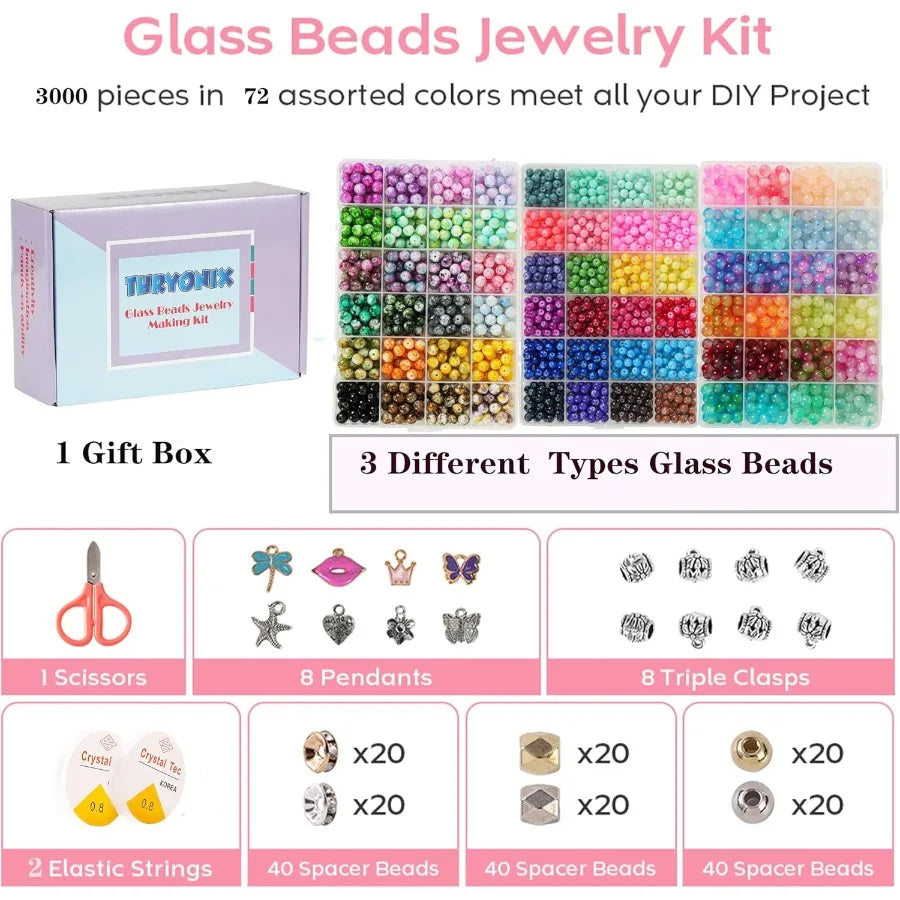 3000pcs 6mm Glass Beads DIY Craft Kit Beads Bracelet Kit DIY Beads Jewelry Kit 72 Color Box Vibrant Beaded Supplies for Jewelry