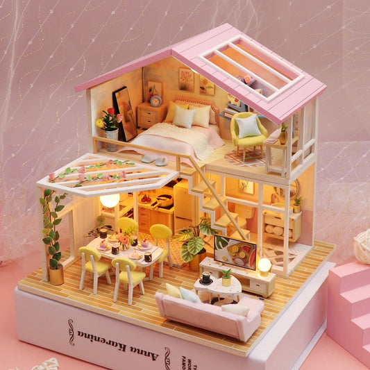 Dollhouse Miniature Pink Villa Assembly Model Architecture DIY Handmade 3D Puzzle Toy Set Wooden Crafts Girl Birthday Gift