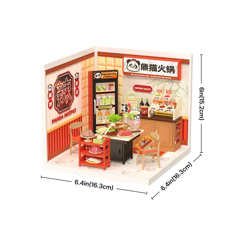 Robotime Rolife DIY Miniature House Kit Model Building Craft Kit with LED for Adults Kids Panda Hot Pot and Night Out Food Stall
