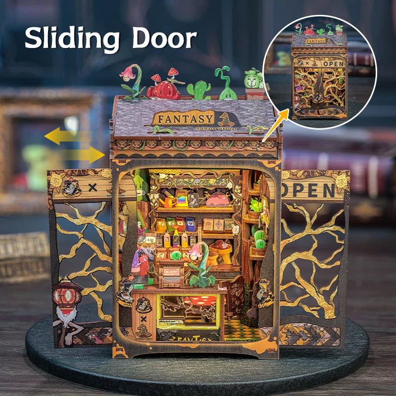CUTEBEE Book Nook DIY Mini Dollhouse with Light Wooden Bookshelf Insert Fantasy Plant Shop Booknook Decor for Gifts 3D Puzzle