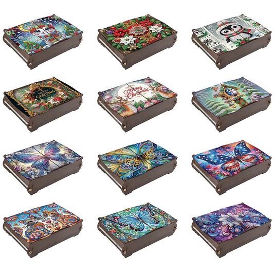 5D DIY Diamond Art Handmade Storage Box Partial Drill Colored Pattern Wood Case Wooden Crystal Storage Case Kit for Home Decor