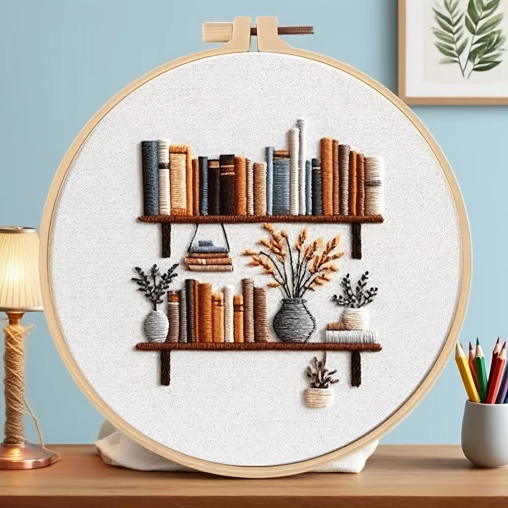 Creative Bookshelf Flower And Plant Book Pattern Series Handmade DIY Embroidery Material Package Set. The Embroidery Set Include