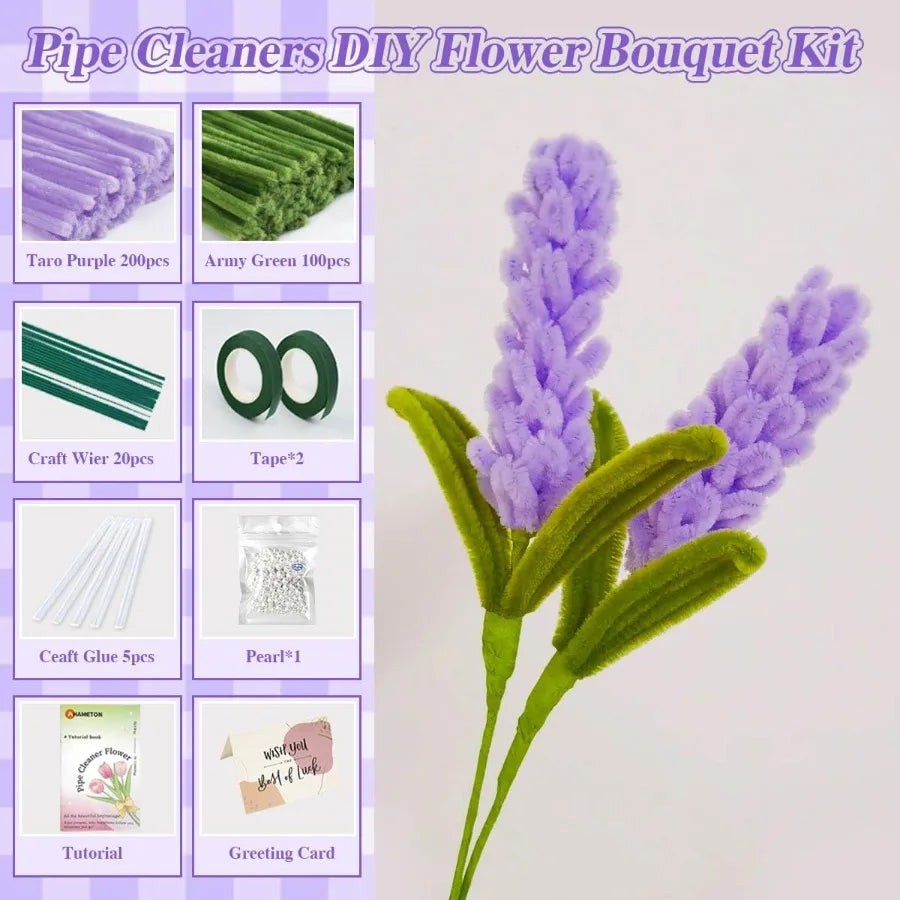 480PCS Purple Pipe Cleaners Flower Kit with Floral Wires Floral Tape and Pearl Beads Fluffy Pipe Cleaners Craft Supplies DIY Fl