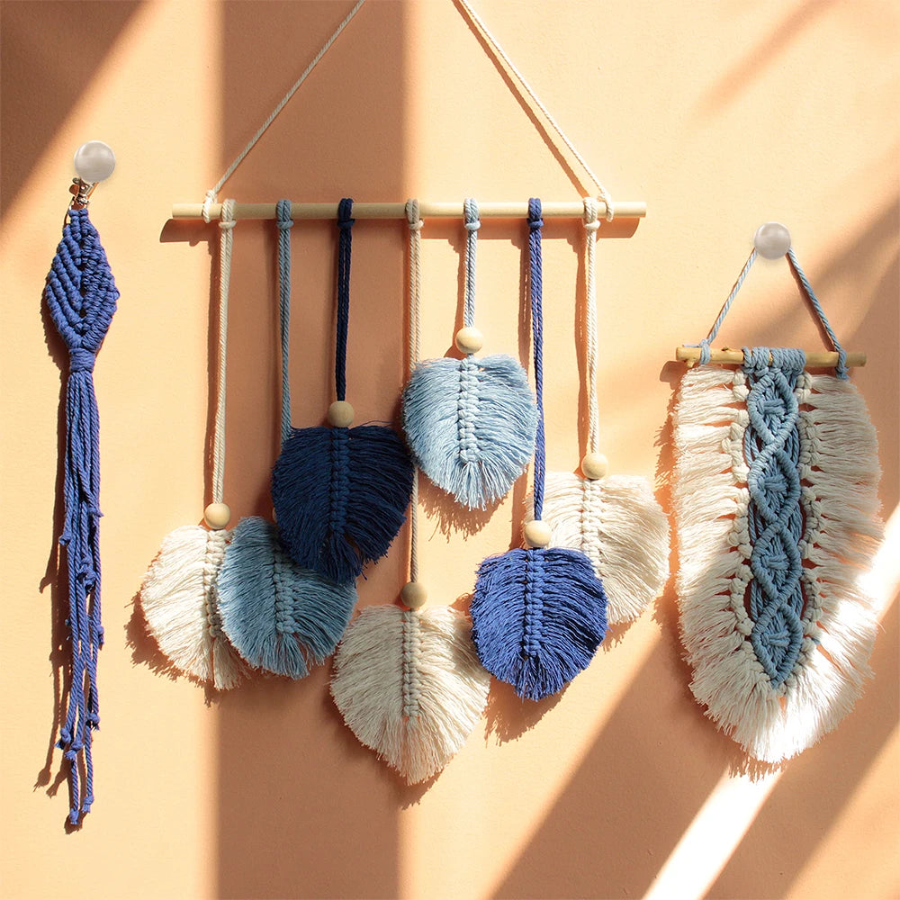 Leaf Tapestry Keychain Macrame Kit with Tutorial For Beginners Handmade DIY Key Chain Wall Hanging Knitted Kit for Home Decor