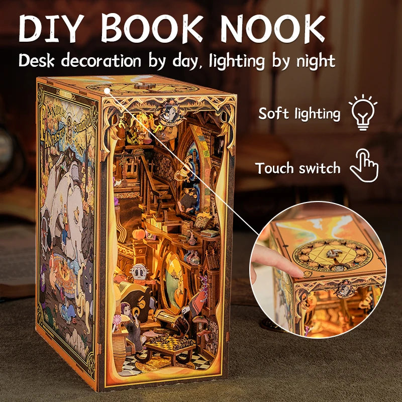 CUTEBEE DIY Book Nook Kit Wooden Dollhouse with Touch Light Magic Bookshelf Insert Decor for Gift Fantastic Animal Common Room