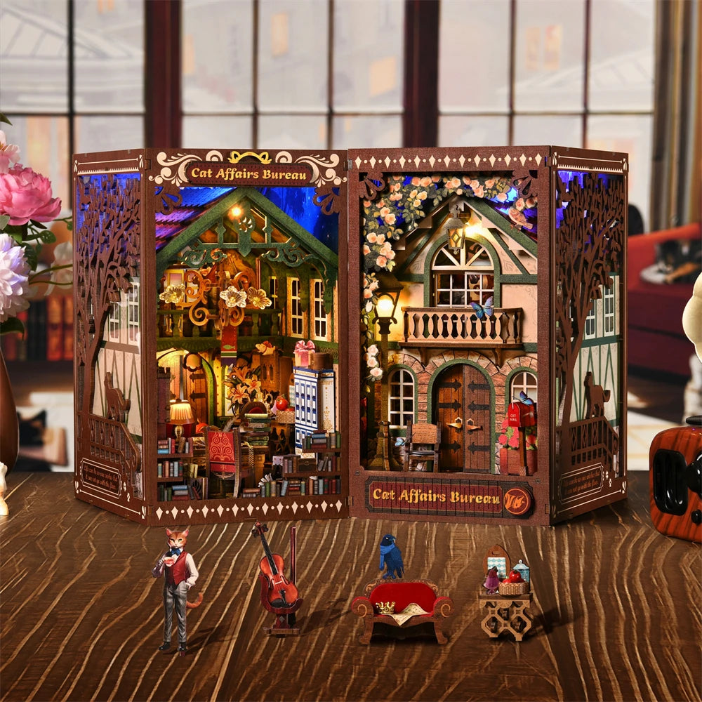Book Nook Kit Kitty Cat 3D Puzzle Wooden DIY Home Decoration For Bookshelf Miniature Insert Magic Book House Stand Bookshelf