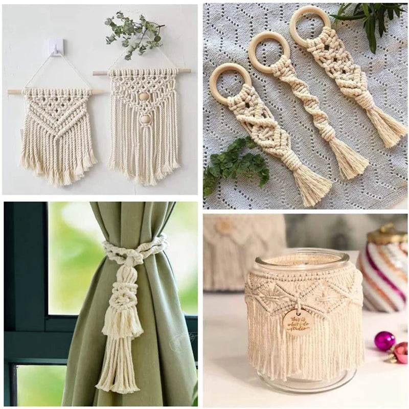 1Set Macrame Cord Cotton Rope With Wood Ring Wooden Beads For DIY Wall Hanging