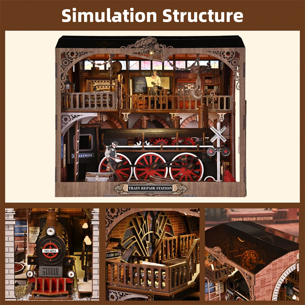 Book Nook Kit Tram Station Retro 3D DIY Wooden Puzzle Handmade Bookshelf Dollhouse Model Bookend Building Home Decoration