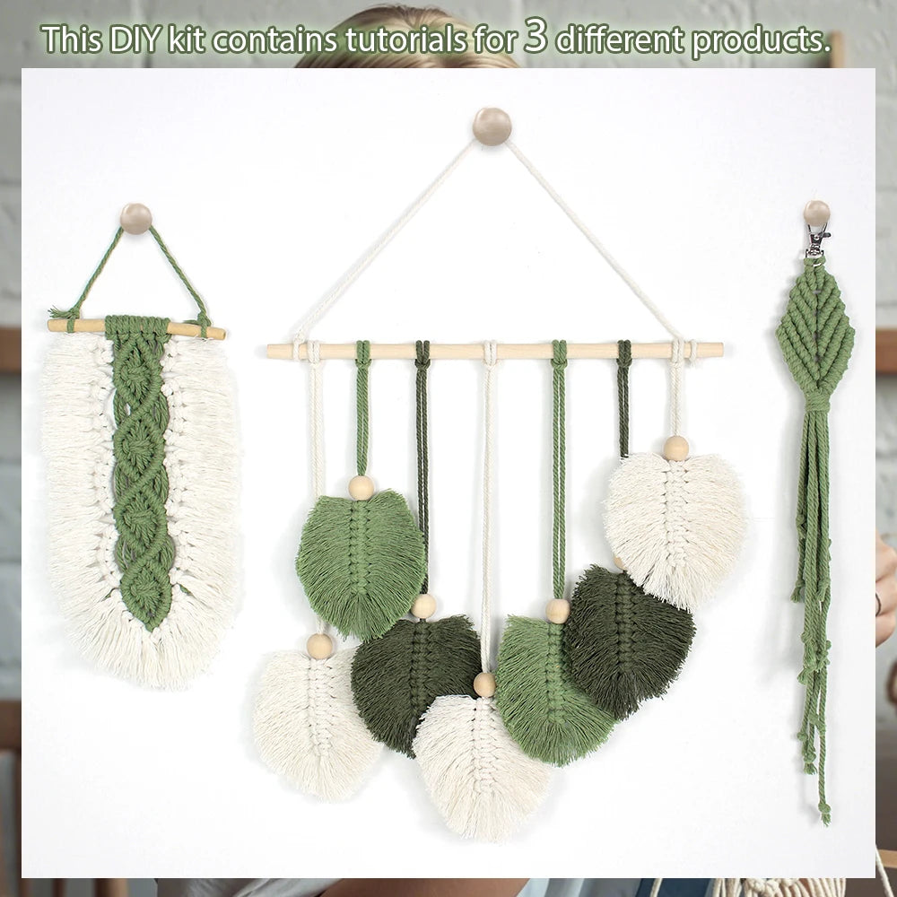3pcs Handmade Knitting Leaf Combo Macrame Kit with Tutorial For Beginners Hand DIY Keychain Tapestry for Home Decor Wall Hanging