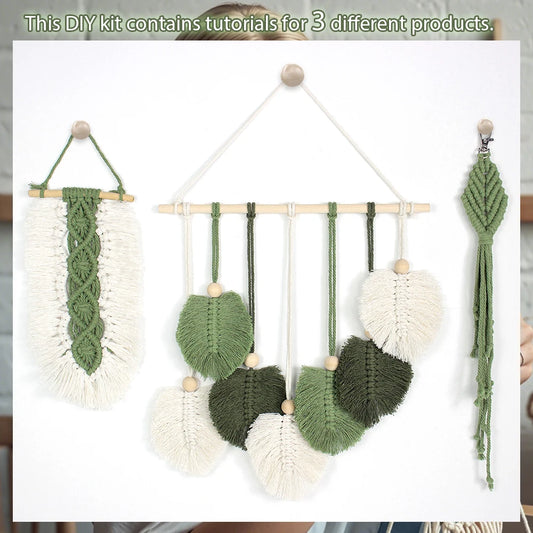 3pcs Handmade Knitting Leaf Combo Macrame Kit with Tutorial For Beginners Hand DIY Keychain Tapestry for Home Decor Wall Hanging