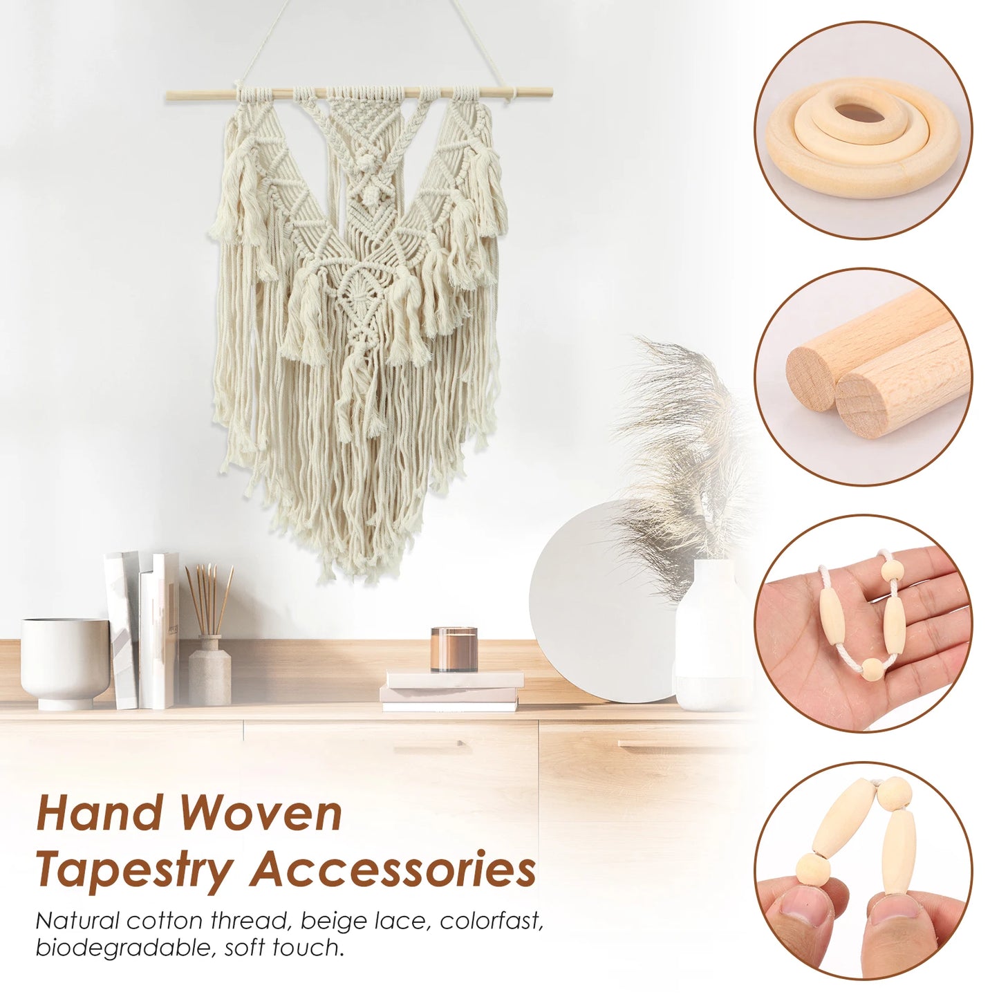 DIY Macrame Wall Hanging Kit Complete Macrame Kit with Cotton Rope Wood Beads Wood Rings Beginners DIY Craft Macrame Kit