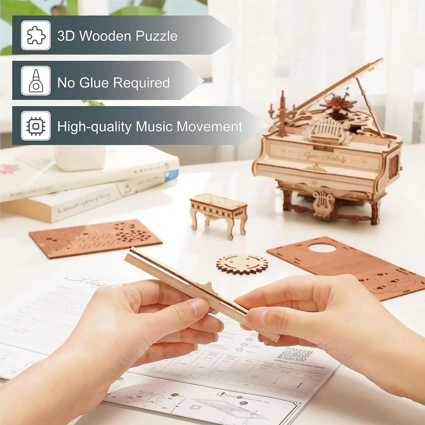 Robotime 3D Puzzles Magic Piano Mechanical 3D Puzzles Musical Instrument Wooden Music Box Puzzle Kit Unique Gift for Men Women