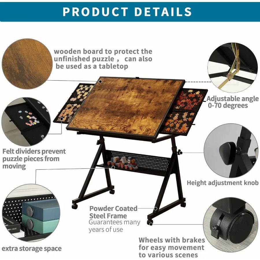 Puzzle Tables for Adults Height Adjustable Puzzle Board with Drawers 1500 Pieces Jigsaw Tables with Legs Wheels 075° Tilting Ta