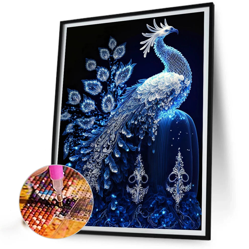 5D DIY Full Round Drill Partial AB Diamond Painting Blue Crystal Peacock 45x60cm
