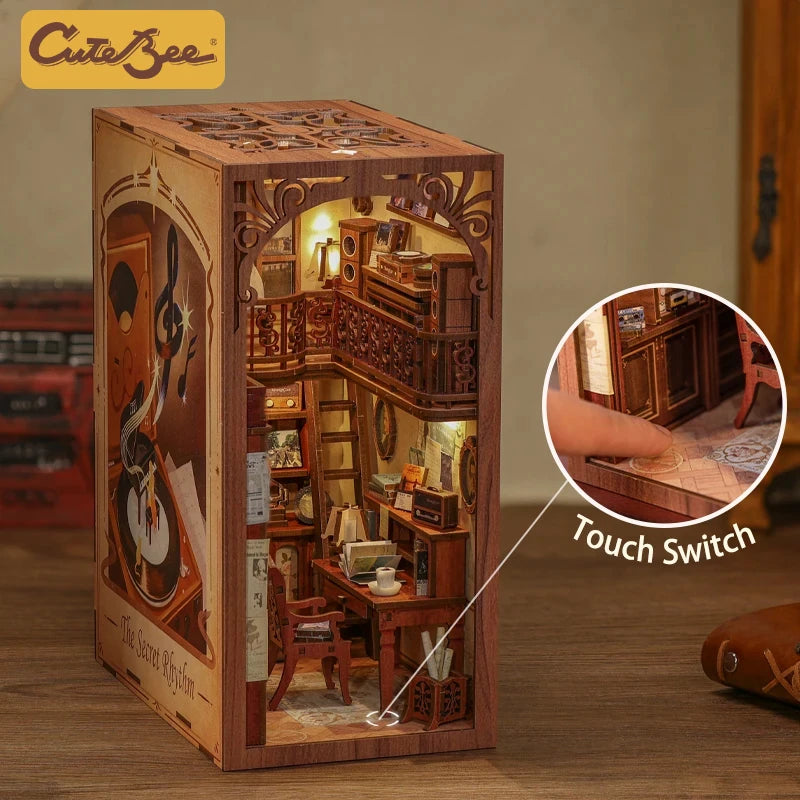 CUTEBEE DIY Book Nook Miniature Dollhouse Booknook with Touch Light Dust Cover Bookshelf Insert for Decor Gifts Secret Rhythm