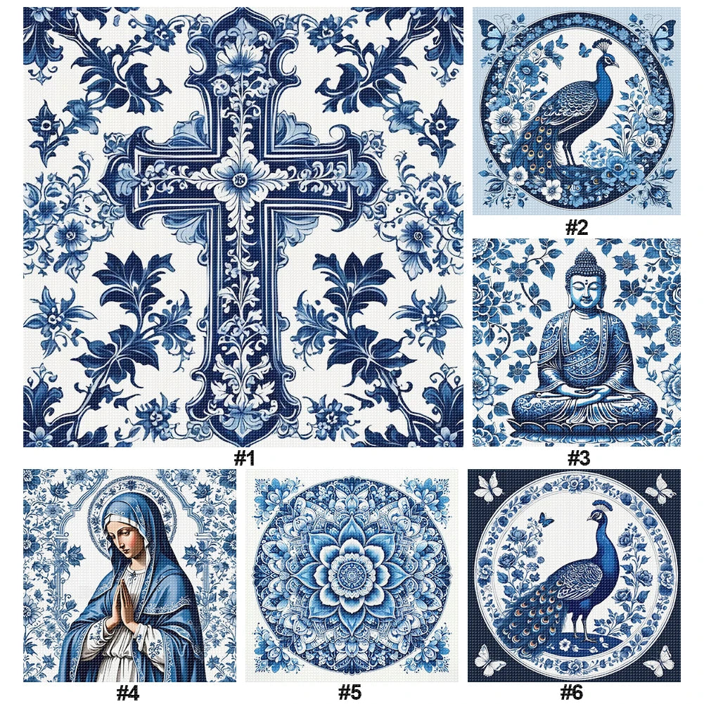 Full Embroidery Eco-cotton Thread 14CT Printed Blue and White Cross Stitch Kit