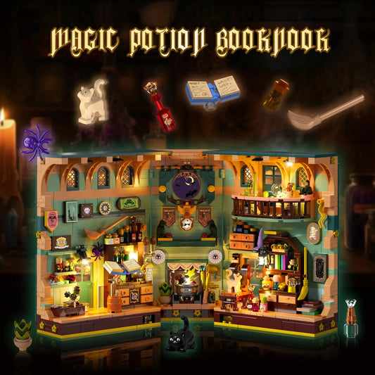 Magic Potion Booknook Building Set with Light-DIY Bookendfor Home Decor Bookshelf Miniature House Brick Model for Adults Kids