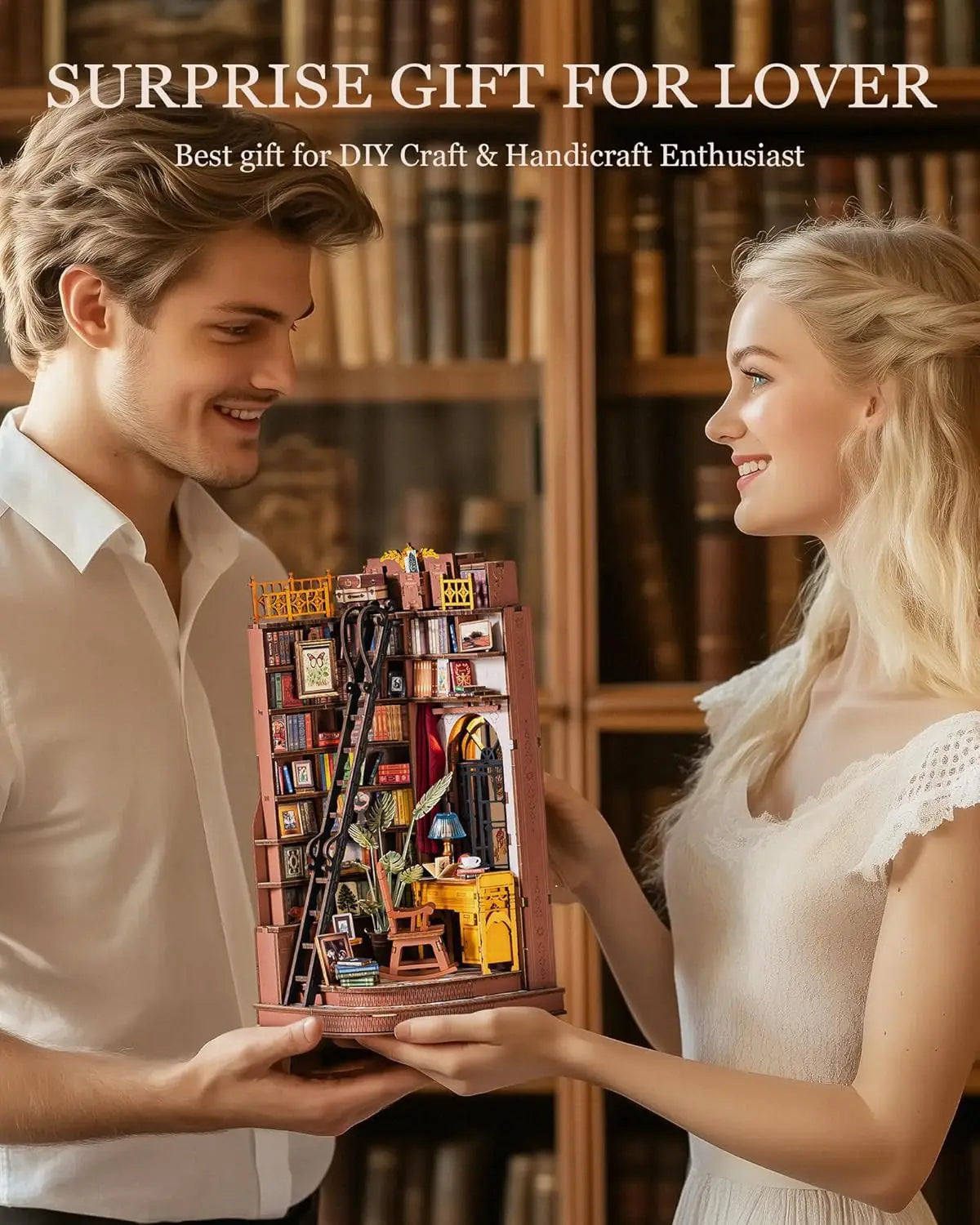 Robotime Rolife Silent Corner Study DIY Book Nook Shelf Insert Wooden Miniature Doll House for Bookshelf Insert Furniture TGE02