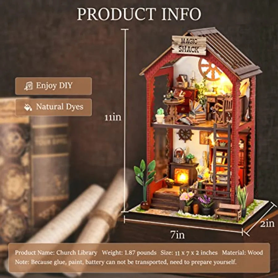 DIY Book Nook Kits for Adults: 3D Wooden Puzzle Bookend Bookshelf Decor with LED Light Miniature House Dollhouse Craft Kit for