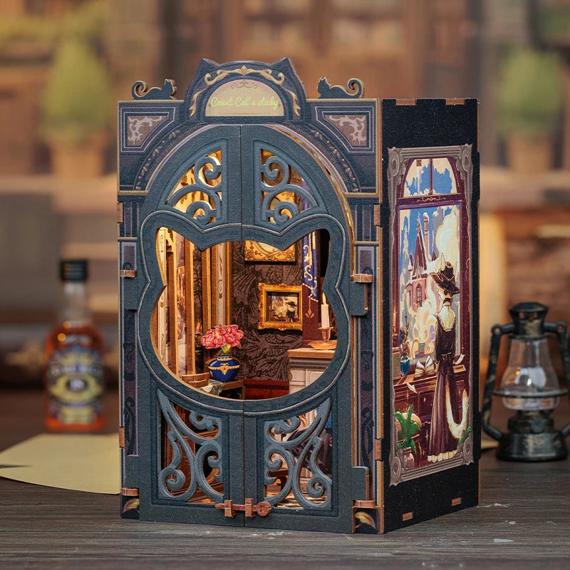 CUTEBEE 3D Puzzle DIY Book Nook Kit Wooden Dollhouse with Light Miniature Model Child Adult Toys for Count Cat's Study