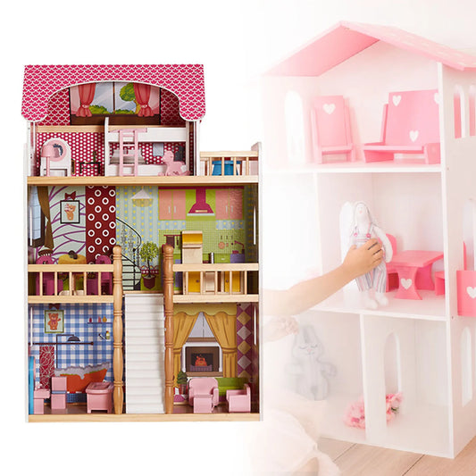 Dollhouse Furniture Wooden Doll Cottage for Boys Girls Villa House 3 Story with 14 Accessories Balcony Stairs Girl Family Toy