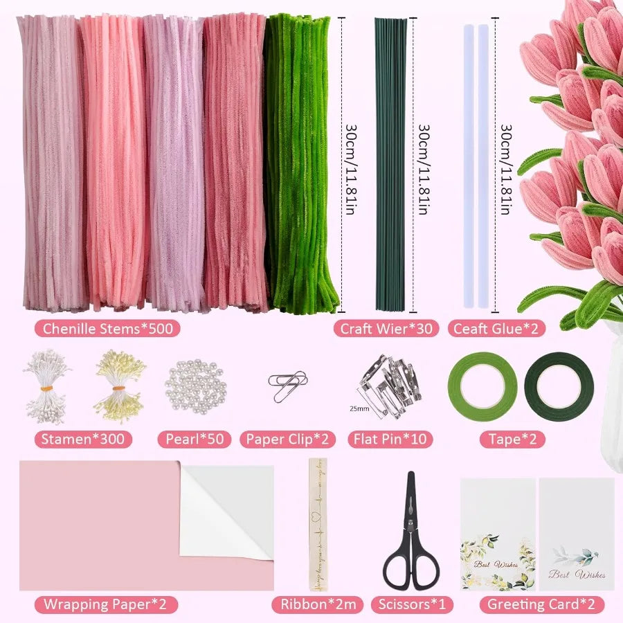 500 Pcs Pipe Cleaners Craft Kit for Flower Making Complete DIY Flower Craft Set with Chenille Stems Craft Wire Stamen Tape Ribb