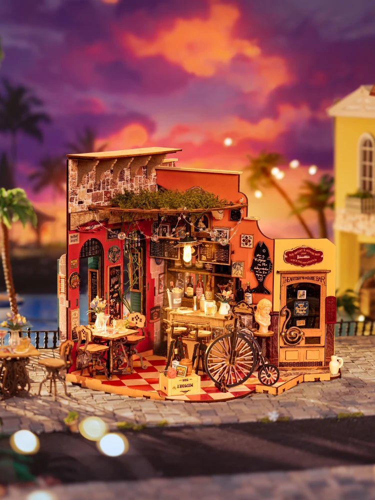 Robotime Rolife DIY Cheers Bar&Dining Doll House with Furniture Miniature Dollhouse Wooden Kits Toy For Kids Adults(DG173)