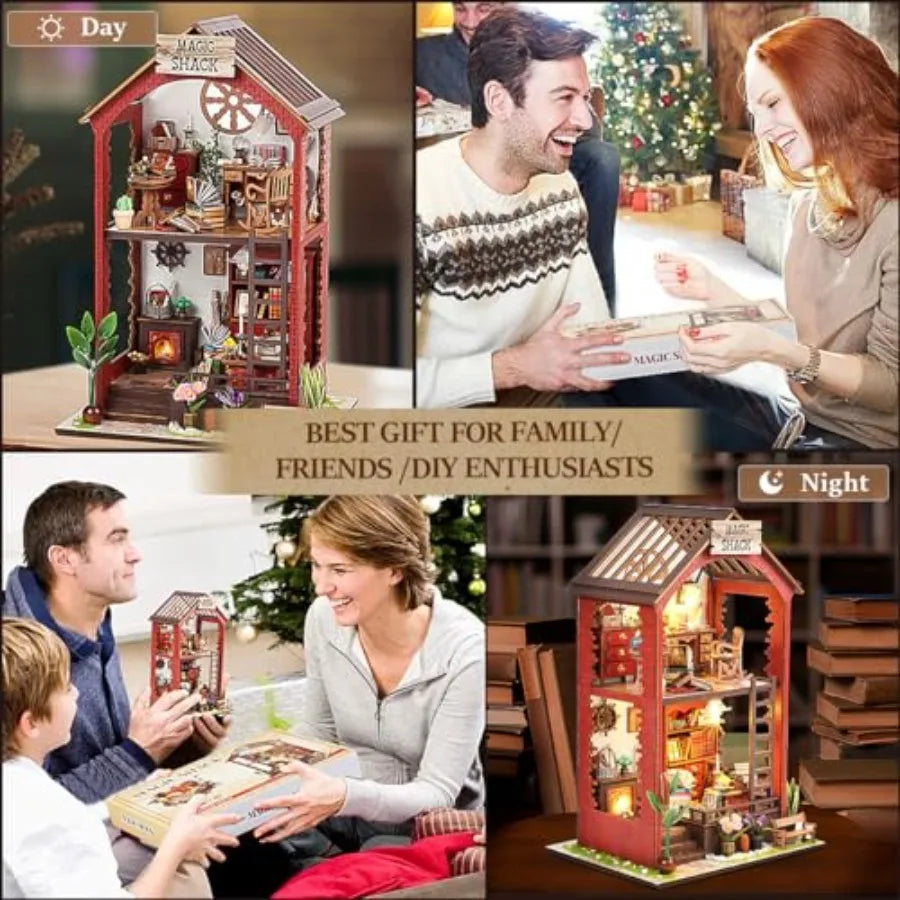 DIY Book Nook Kits for Adults: 3D Wooden Puzzle Bookend Bookshelf Decor with LED Light Miniature House Dollhouse Craft Kit for