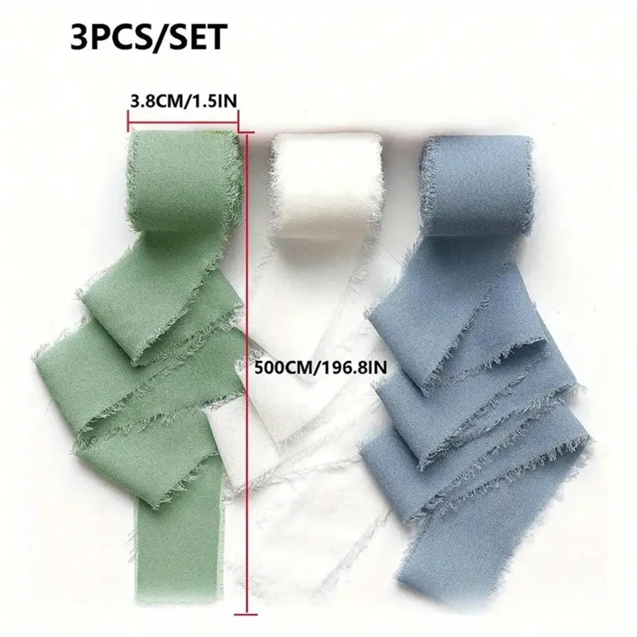 3 Roll/set 5m Frayed Edged Satin Handmade Chiffon Silk Ribbon For Wedding Invitation Bouquets Birthday Party DIY Decoration Gift