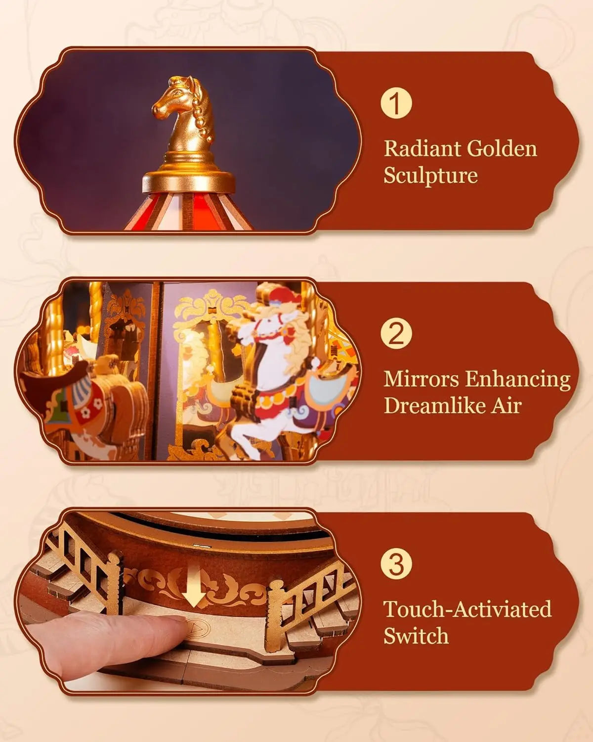 Robotime 3D Wooden Puzzle Carousel Music Box With LED Lights Gear Model Building Construction Craft Kits Xmas Gifts for Adult