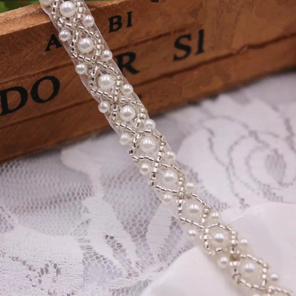 1 Yards Pearl Beaded Trim Bridal Lace Ribbon Crystal Rhinestone Applique Trim straps for Craft Sewing Wedding Dress DIY Fabric