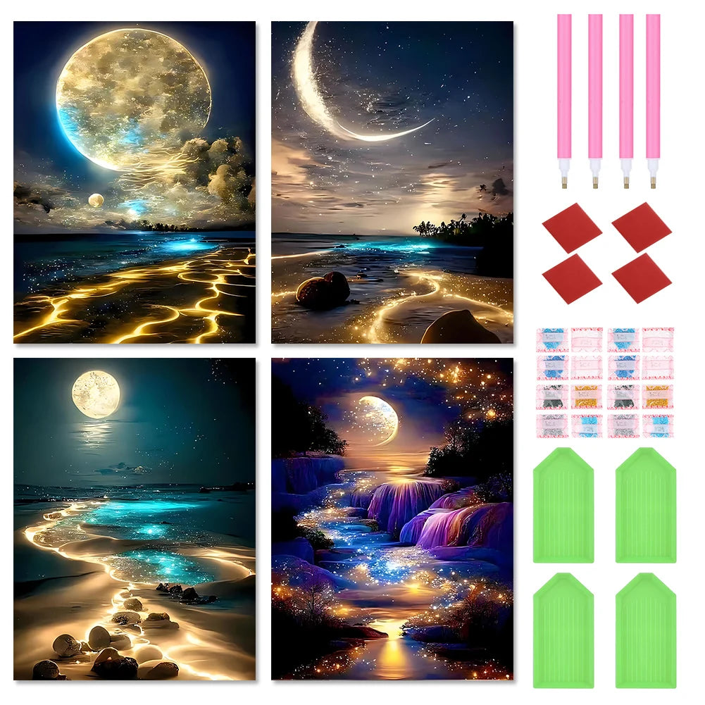 4pcs Moonlight 5D DIY Full Drill Round Diamond Painting Kit Home Decor 30x40cm