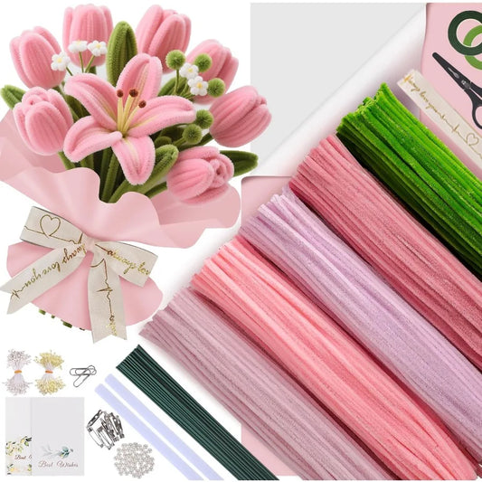 500 Pcs Pipe Cleaners Craft Kit for Flower Making Complete DIY Flower Craft Set with Chenille Stems Craft Wire Stamen Tape Ribb