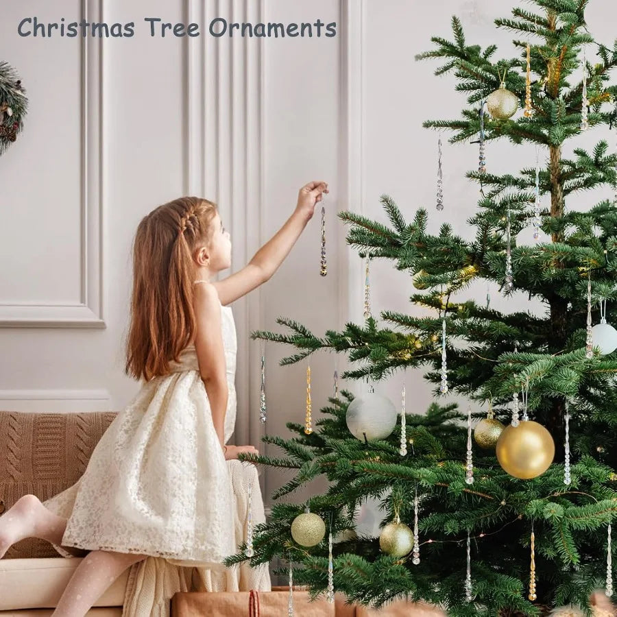 12pcs Crystal Icicle Christmas Tree Ornaments Glass Beads Hanging Chandelier Pendants for Christmas Party Wedding Winter Decora