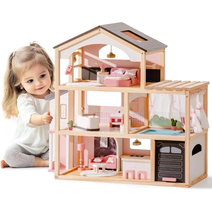 Doll House, Wooden Dollhouse with 6 Rooms, 29-pcs Furniture Set, Working Elevator, Garage, Swimming Pool, Ideal Gift for Kids Ag