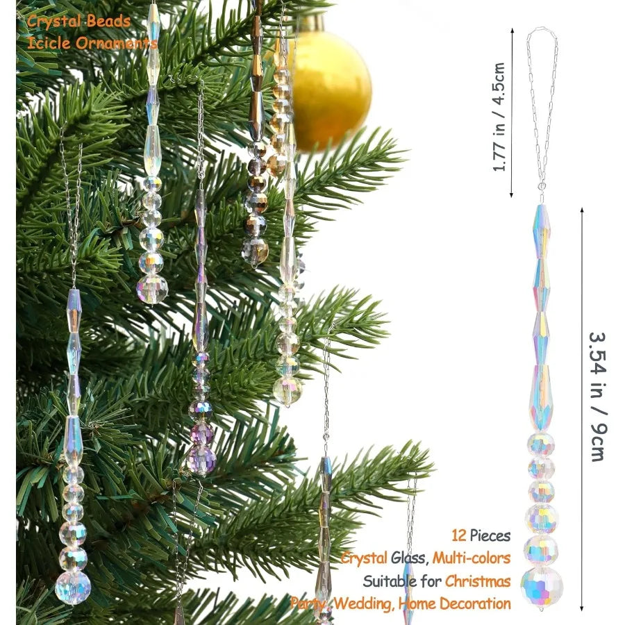 12pcs Crystal Icicle Christmas Tree Ornaments Glass Beads Hanging Chandelier Pendants for Christmas Party Wedding Winter Decora
