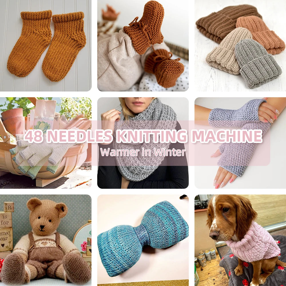 QJH 48-Needles Handheld Knitting Machine Kit With Yarns - DIY Craft Weaving Machine Set For Scarves, Sweaters, Hats & Socks
