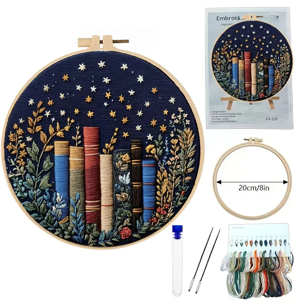 Creative Bookshelf Flower And Plant Book Pattern Series Handmade DIY Embroidery Material Package Set. The Embroidery Set Include
