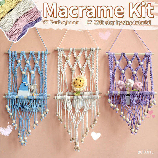 Bohemian Retro Hanging Bookshelf Macrame Kit - DIY Handmade Weaving Set with Beginner Guide, Wall-Mounted Shelf