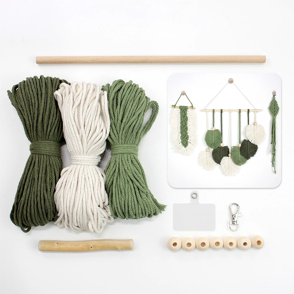3pcs Handmade Knitting Leaf Combo Macrame Kit with Tutorial For Beginners Hand DIY Keychain Tapestry for Home Decor Wall Hanging