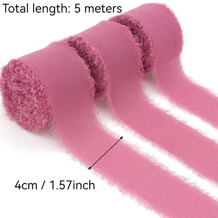 3 Roll/set 5m Frayed Edged Satin Handmade Chiffon Silk Ribbon For Wedding Invitation Bouquets Birthday Party DIY Decoration Gift