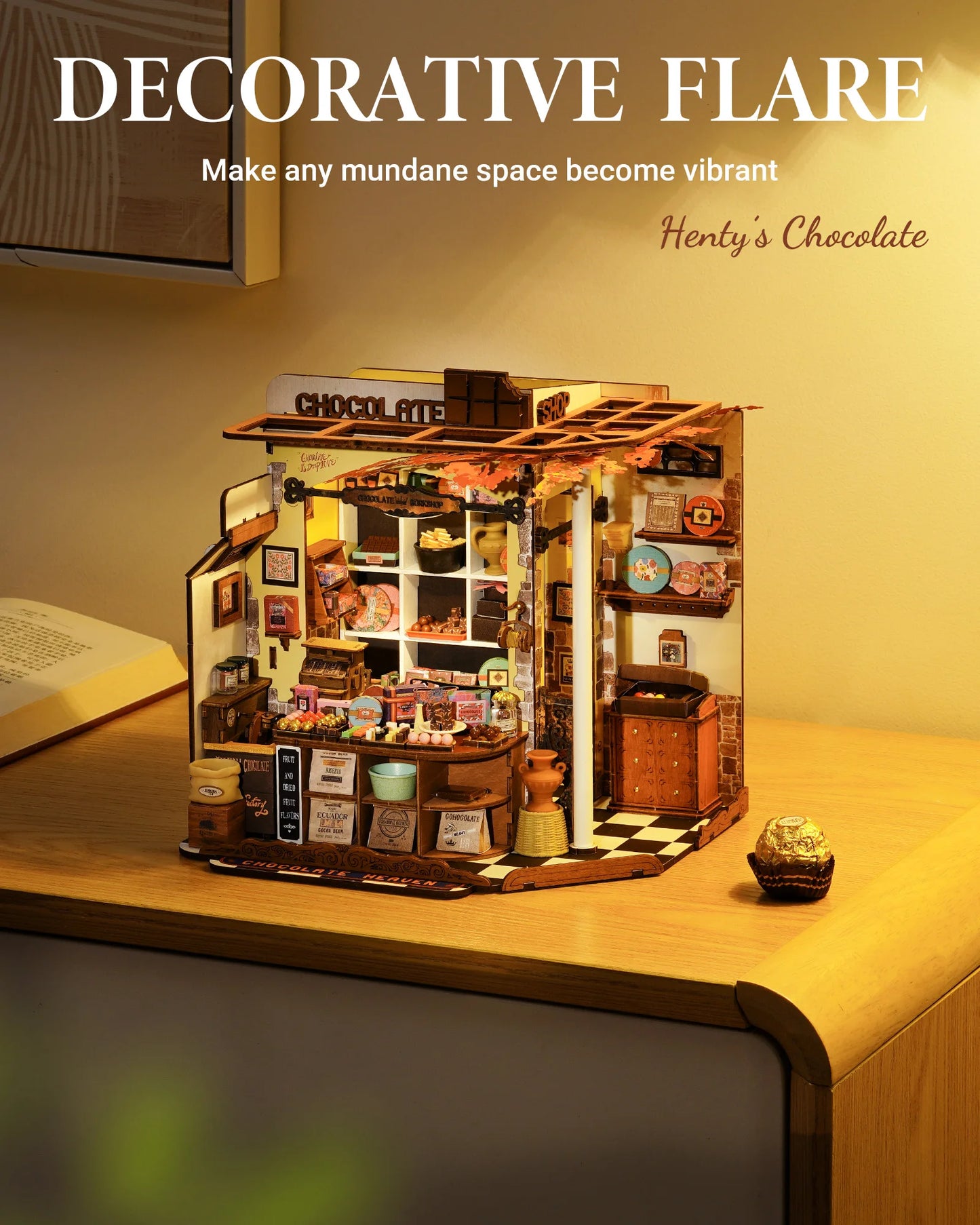 Robotime Rolife Henry's Chocolate DIY Miniature House Kit  Wooden Dollhouse Model Building Kit With LED Craft Gifts for Adults