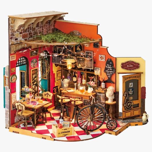 Robotime Rolife DIY Cheers Bar&Dining Doll House with Furniture Miniature Dollhouse Wooden Kits Toy For Kids Adults(DG173)