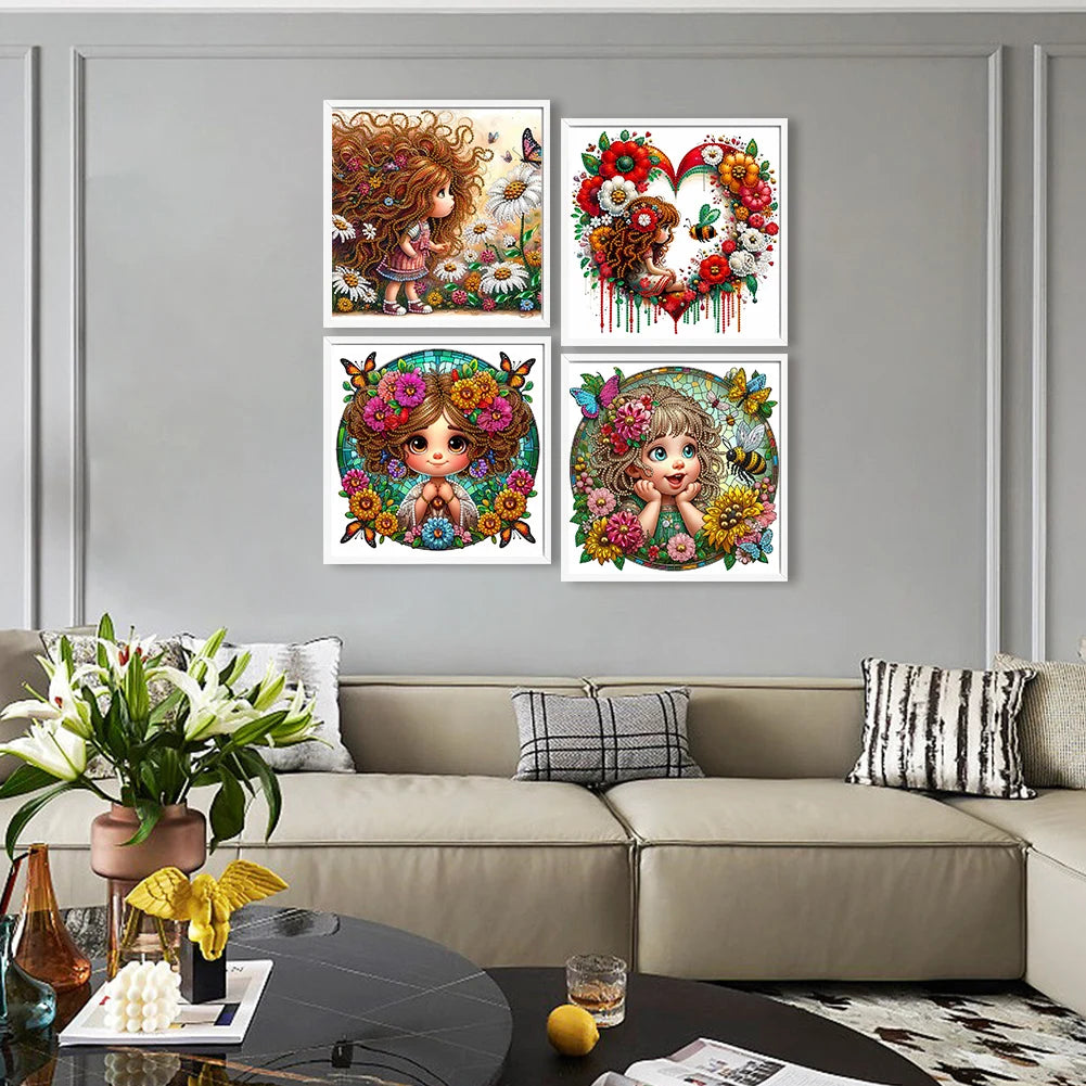4pcs Girl 5D DIY Special Shape Crystal Partial Diamond Painting Kit Home Decor