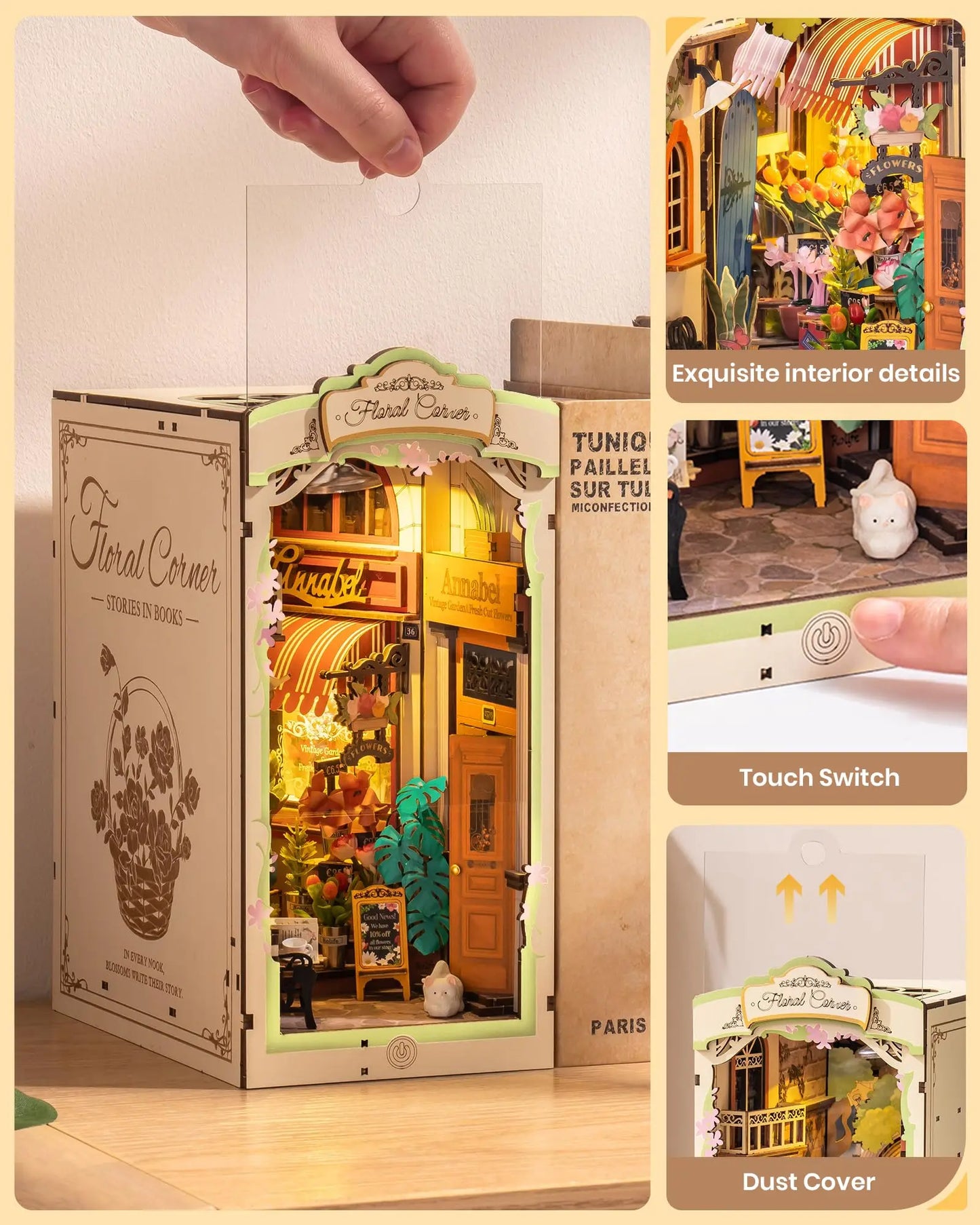Robotime Rolife Floral Corner Book Nook 3D Wooden Toys Home Book Shelf Decoration DIY Miniature House Gifts for Family