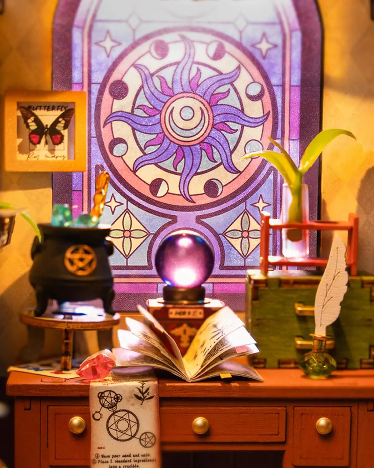 Robotime DIY Miniature House Kit-The Magic Study kit with LED and Furniture Wooden Dollhouse Model Building Kit Gift for Adults