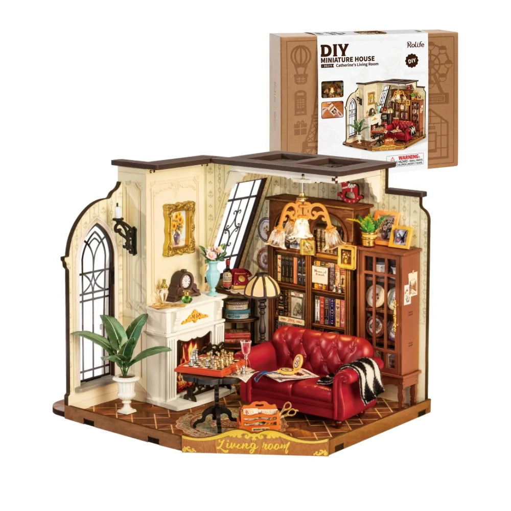 Robotime Rolife Catherine's Living Room DIY Miniature House Kit Wooden Dollhouse Model Building Kit With LED and Furniture DG175