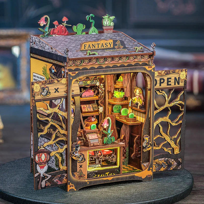 CUTEBEE Book Nook DIY Mini Dollhouse with Light Wooden Bookshelf Insert Fantasy Plant Shop Booknook Decor for Gifts 3D Puzzle