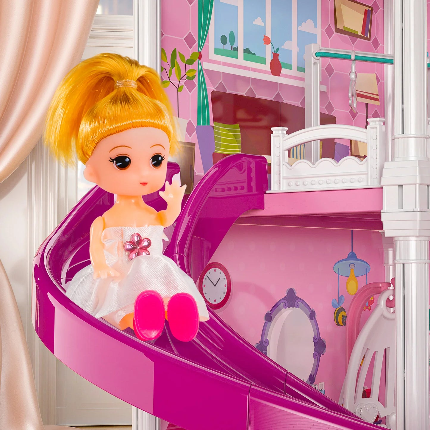 Pretend Play Villa Kids Toys For 3-8 Ages Girls 12 Rooms Doll House With 2 Dolls And Accessories Slide Birthday Gifts For Girls